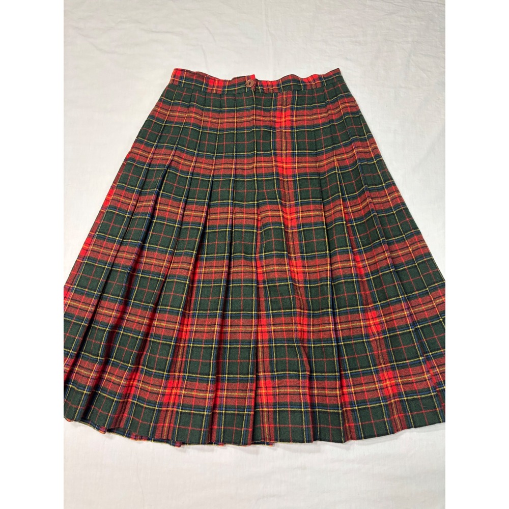 Vintage Green Red Plaid Pleated Midi Skirt Tartan High Waisted Academic 27 Waist